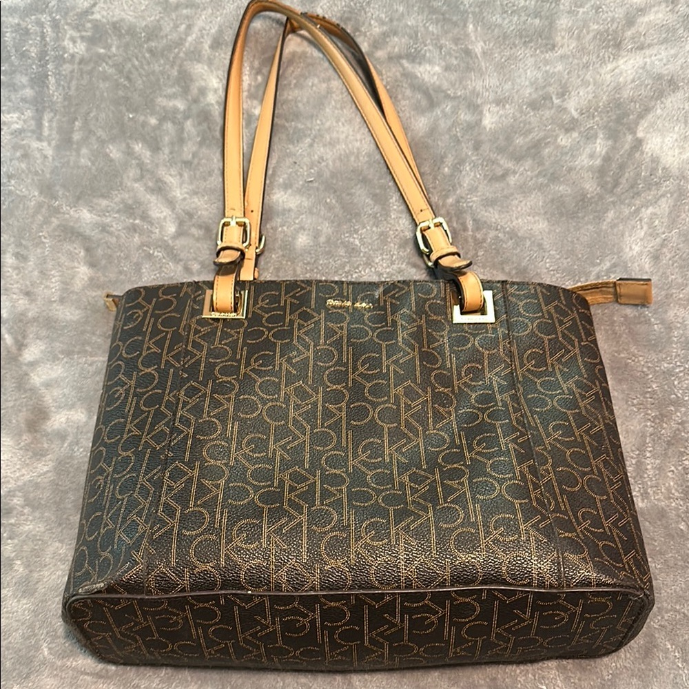 Calvin Klein Black and Tan Monogram Shoulder Bag